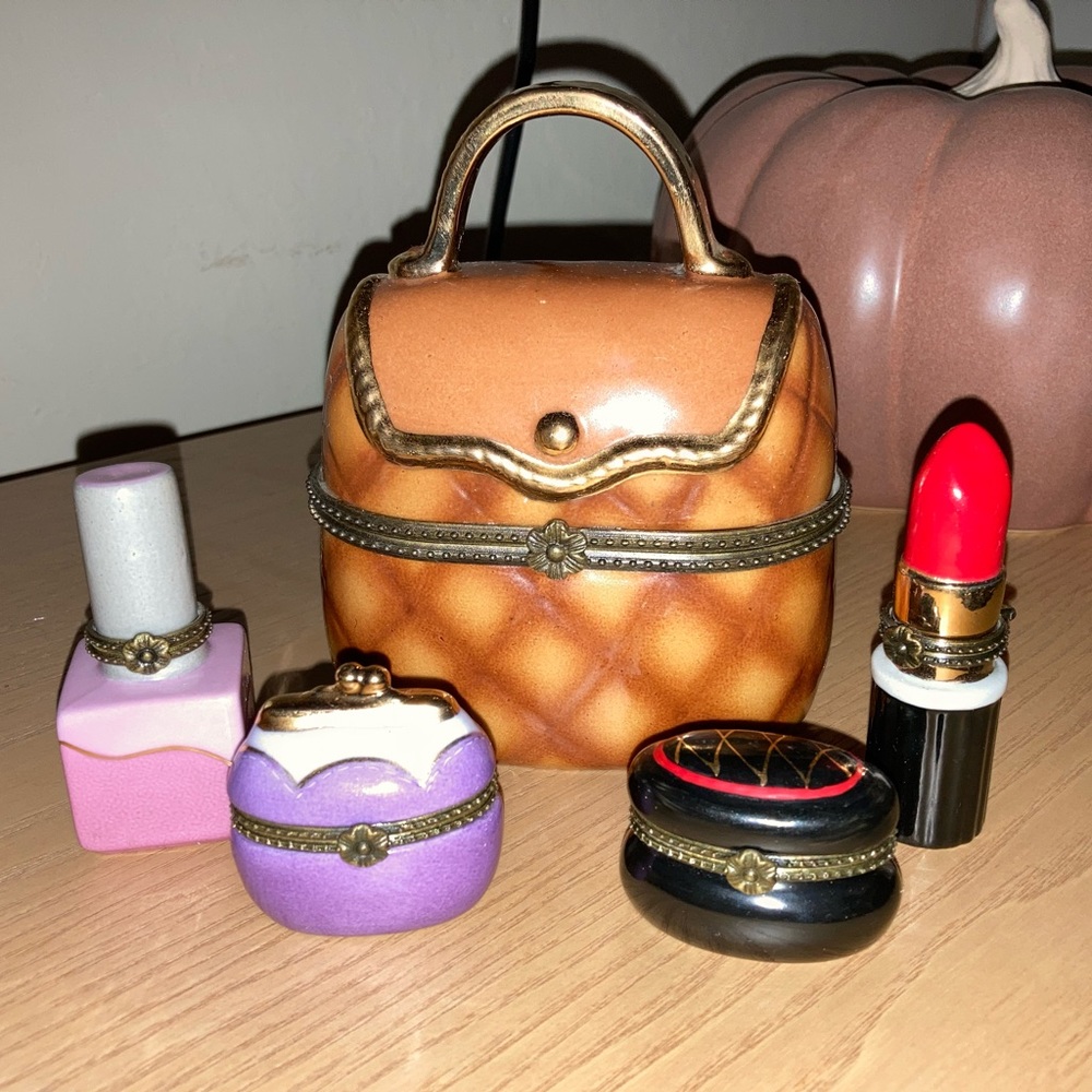 Vintage Makeup Bag Purse Set Trinket Porcelain Box Vanity Glam Decor